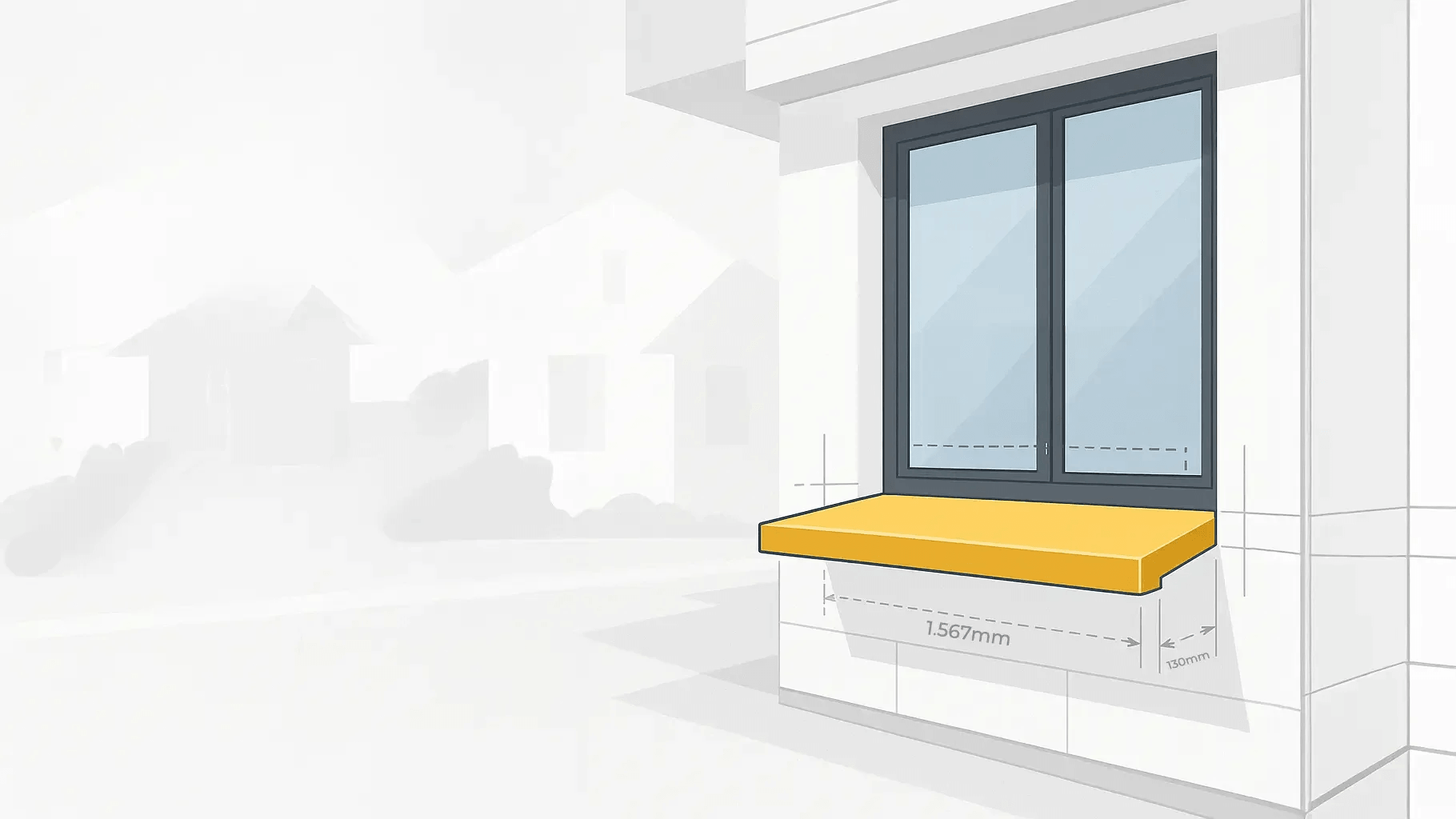 Illustration einer Qliving-Aluminium-Fensterbank mit Maßangaben